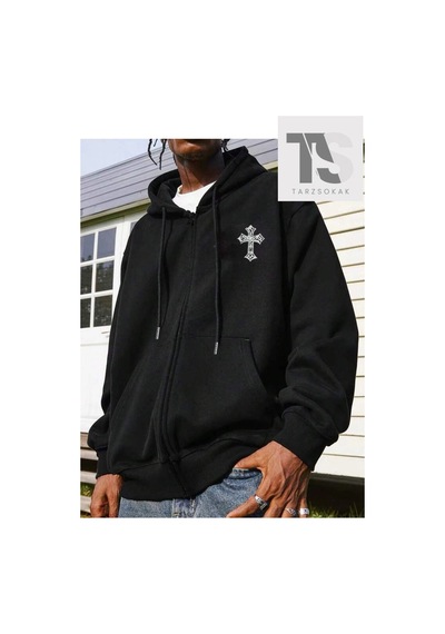Tarzsokak Haç Sembol Sweatshirt Fermuarlı Hırka Siyah