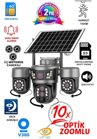 3 Motorize Kameralı 10x Optik Zoom Güneş Enerjili 4g Sım Kartlı Güvenlik Kamerası