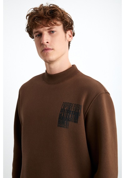 Grımelange Chasey Erkek Organik Pamuklu Dik Yaka Içi Polarlı Baskılı Acı Kahve Sweatshirt