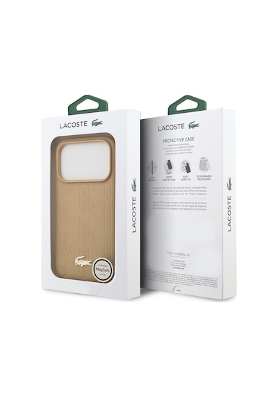 Apple Uyumlu iPhone 17 Pro Kılıf Lacoste Lisanslı M-safeli Pu Deri Karışık Monogram Desenli Kapak Bej Bej