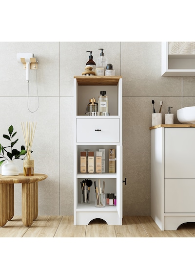 Banyo Dolabı Mdf 107 X 35 Cm Çekmeceli Banyo Boy Dolabı Mat Beyaz Atlantik Çam - Beyaz