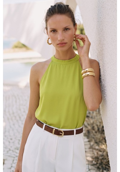 Sateen Halter Yaka Bluz - Yağ Yeşili-137727