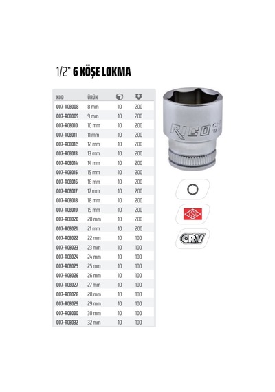 Rico 1/2 Kısa 6 Köşe Lokma Ucu 17 Mm
