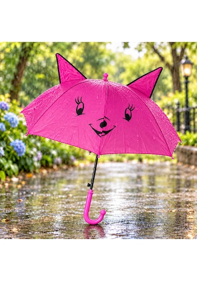 Mubx Kedi Kulaklı Çocuk Şemsiyesi 76 Cm Çap Sevimli Figürlü Düdüklü Yağmur Şemsiyesi Pembe