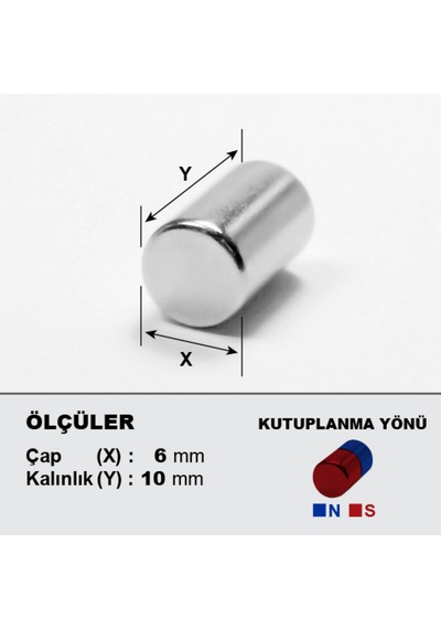 Neohobi 5 Adet Neodyum Mıknatıs Çap: 6mm Kalınlık: 10mm D6x10 Ndfeb Güçlü Mıknatıs Yuvarlak N006