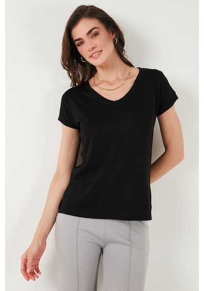 Lela V Yaka Relaxed Fit Yırtmaç Detaylı 2'Li Paket Bayan Bluz 5862000S2 Siyah-Ekru