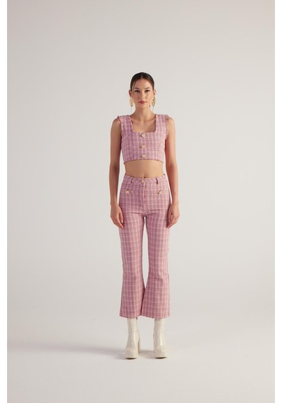 Holly Lolly İspanyol Kesim Tüvit Tweed Pantolon Pembe