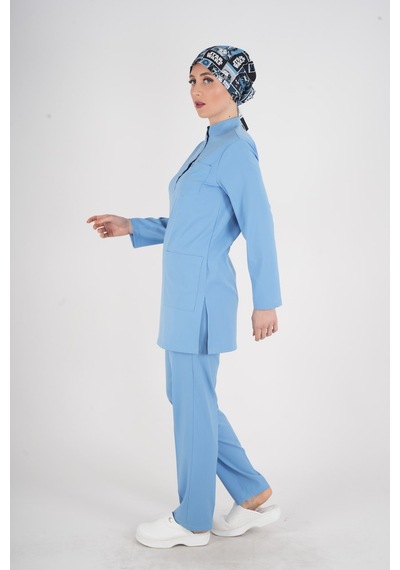 Bebe Mavi Renk Sakura Model Tesettür Doktor Hemşire Scrubs Üniforma Takımı Bebe Mavi
