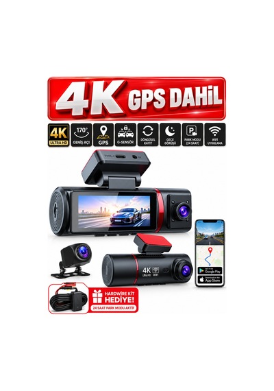 4k Araç Kamerası Gps,wifi Ve Park Kiti Hediye 7/24 Kayıt Mobil Uygulama Destekli Gece Görüş