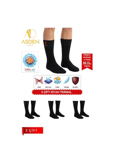 Asden 6 Çift Termal Erkek Çorap Ekstra Kalın Havlu Premium Pamuklu Burun Dikişsiz Kısa Konç Siyah Siyah3