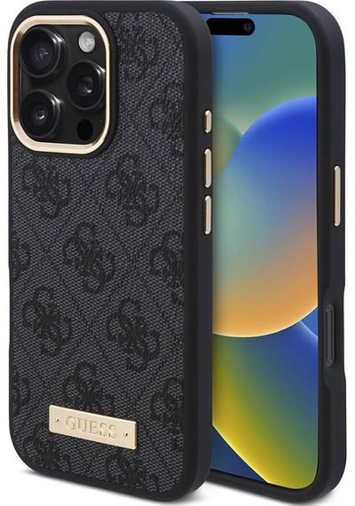 Apple Uyumlu iPhone 16 Pro Kılıf Guess Lisanslı Magsafe Özellikli 4g Desenli Pu Metal Klasik Logolu Siyah