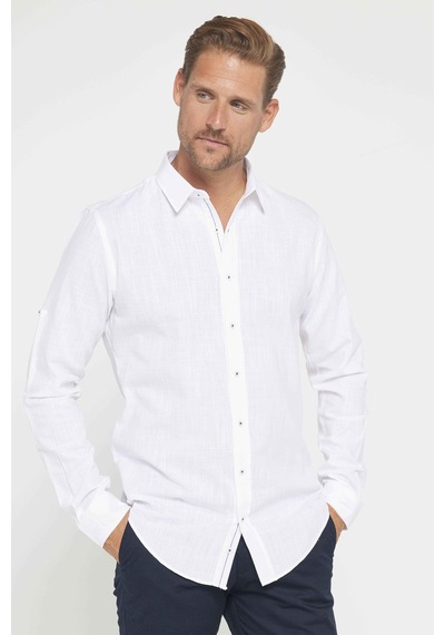 Tudors Erkek Slim Fit Dar Kesim Uzun Kollu %100 Pamuk Keten Doku Apoletli Beyaz Gömlek-26931 Beyaz