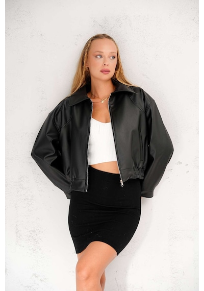 Meecy Kadın Yeni Sezon Bomber Deri Ceket Koyublack Koyublack