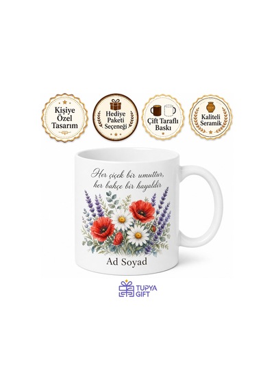 Bahçe Çiçekleri Temalı Baskılı Kupa Bardak Hediye Porselen Mug Beyaz / Çok Renkli