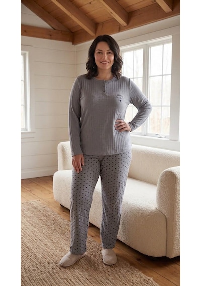 Eyfuze Kadın Kışlık Büyük Beden Desenli Yakası Düğmeli Uzun Kollu Pijama Takımı Antrasit - Gri