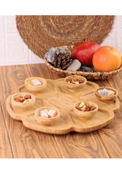 Bambum - 7 Parça Mini Sosluklu Dönen Servis Tabağı Bambu