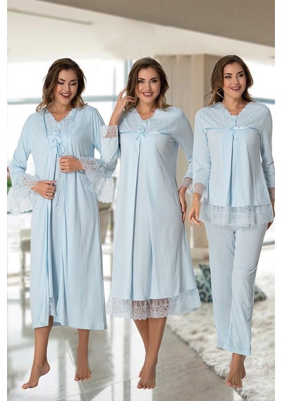 Effortt Kadın Mavi Güpür Dantelli Lohusa Hamile 4'lü Set 7046 Mavi