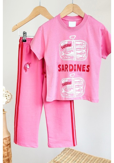Monila Kız Çocuk Pamuklu Pembe Baskılı T-shirt Ve Eşofman Alt Üst Takım