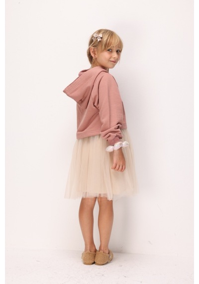 Le Mabelle Pudra Baskılı Kız Çocuk Kapüşonlu Sweatshirt Ve Elbise Takım - Fawn Pembe