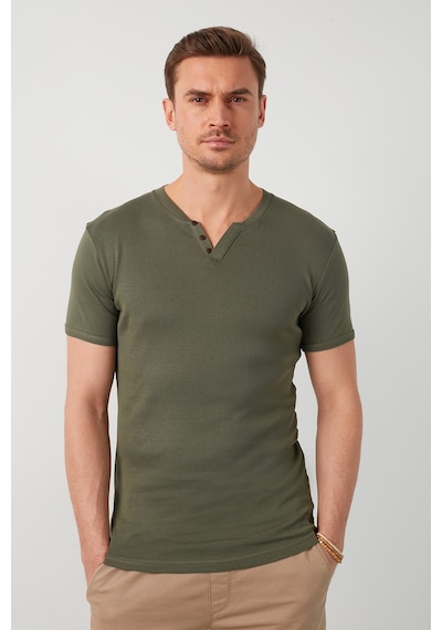 Buratti Pamuklu Düğme Detaylı Slim Fit V Yaka 3'Lü Paket Erkek T Shirt 5902122S3 Haki-Antrasit-Indigo