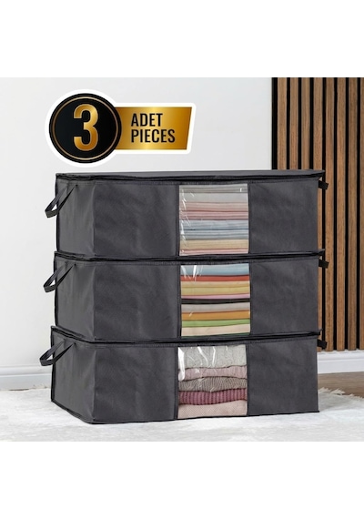 3'lü Siyah Pencereli Hurç Seti 64x45x22 Cm Bez Kumaş Baza Altı Organizer, Şeffaf Pencereli Hu