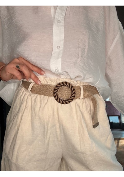 Ali Butik Krem Hasır Kemerli Keten Şort