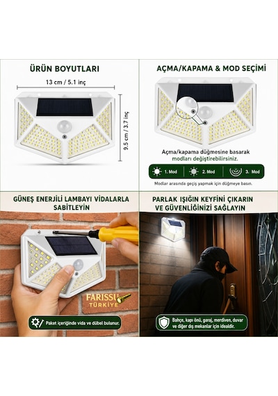 100 Led Solar Hareket Sensörlü Dış Mekan Bahçe Lambası 1 Adet Beyaz