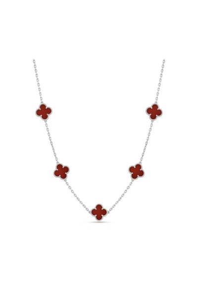 Bordo Taşlı Gümüş Renk Çift Taraflı Yonca Kolye Bordo - 871128127 Bordo