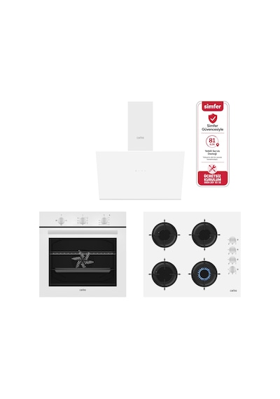 Carino 4 Fonksiyon Mekanik Beyaz Power Turbo 3'lü Cam Ocaklı Ankastre Set Fırın+Ocak+Davlumbaz