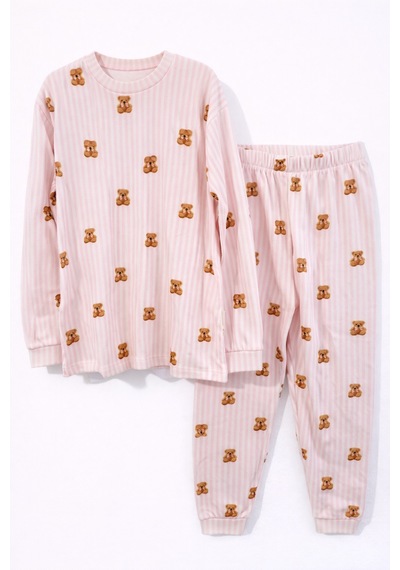 Pembe Çizgili Ayıcık Temalı Kız Çocuk Pijama Takımı Beyaz