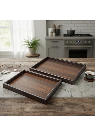 2&apos Li Ekonomik Ahşap Bambu Tepsi Seti - Çay Kahve Sunum Ve Dekoratif Düzenleyici Tepsi 20x30 Cm & 35x25 Cm - Doğal Ve Kahve Renk Seçenekli Kahve Ceviz 15cm