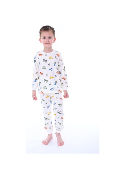 Zuzunga Renkli Araba Desenli Erkek Pijama Takımı Ekru