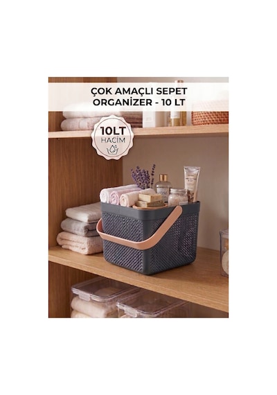 Dolap İçi Düzenleyici, Banyo, Mutfak Organizeri Kulplu Sepet, Dekoratif Saklama Kutusu, Banyo Düzenleyici Organizer 10lt Antrasit - Gri