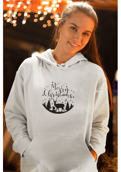 Marry Christmas Geyikli Yeni Yıl Kapşonlu Sweatshirt 001