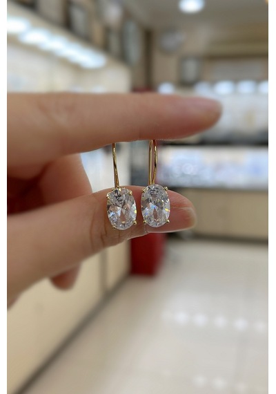 Gümüş Oval 12x8 Mm 4,5 Carat Sallantılı Altın Kaplama Tektaş Küpe Sarı
