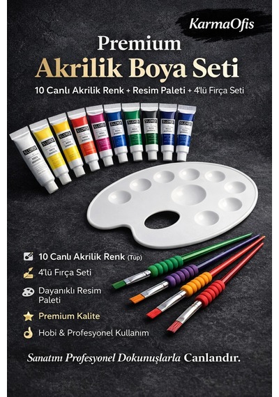 Premium Akrilik Boya Seti 10 Canlı Akrilik Renk Tüp + Resim Paleti + 4 Lü Fırça Seti Beyaz