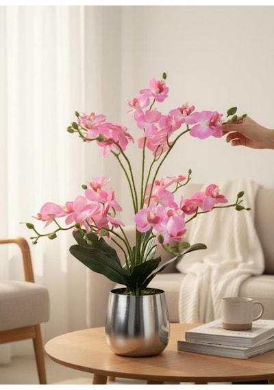 Yapay Çiçek Pembe 9 Dallı Islak Orkide Gümüş Metal Saksıda Saksıda Orkide 60cm Pembe