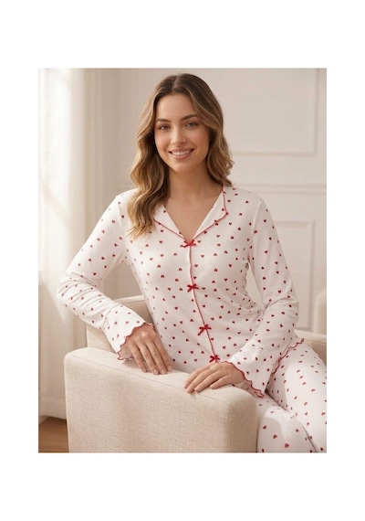 Kadın Uzun Kollu Desenli Fiyonk Detaylı Kaşkorse Kumaş Pijama Takımı Beyaz Kalp