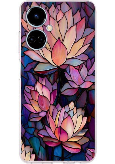 Printify Tecno Camon 19 İle Uyumlu Vitray Sessiz Lotus Tasarımlı Şeffaf Silikon Kılıf Şeffaf