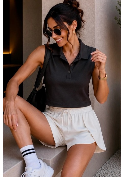 Bbbutikbasic Polo Yaka Kolsuz Crop Bluz My3535 siyah