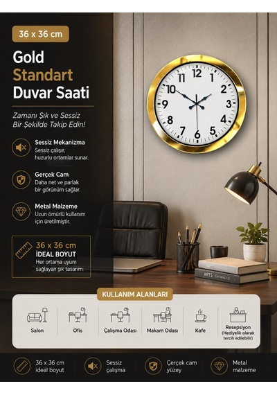 Almira Duvar Saati 36 Cm Gold Metal Standart Duvar Saati