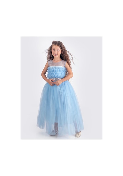 Mnk Baby & Kids Sapes Model Sırt Gipeli Tüllü Kız Çocuk Askılı Saten Abiye Mnk0618 Bebe Mavi