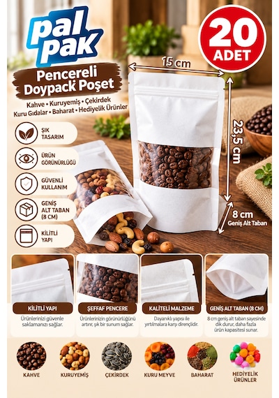 Pencereli Kilitli Poşet Kahve, Kuruyemiş Ve Gıda Ambalajı 15x23,5+8 Cm 20 Adet Kraft