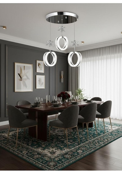 Litra Lighting Aurea Model 3 Lü Kristal Taşlı Gümüş 3 Renk Modu Ledli Salon Mutfak Oturma Odası Sarkıt Led Avize Metalik