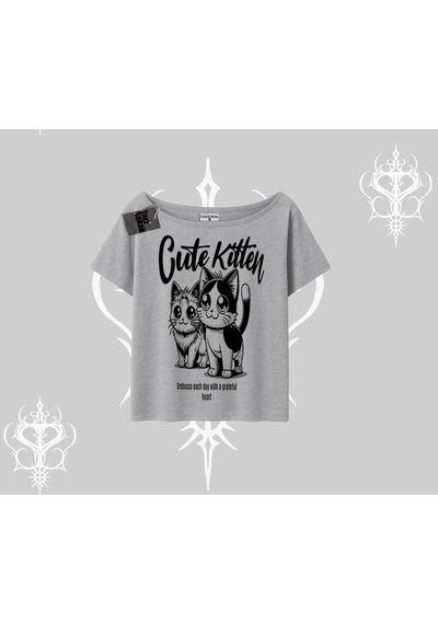 Tarzsokak Cute Kitten Yazılı Sevimli Kedi Baskılı Kayık Yaka Tshirt Gri