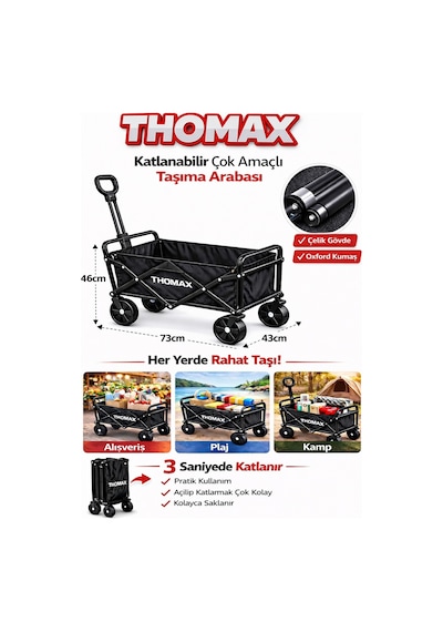 Çok Amaçlı Katlanabilir Araba Ve Taşıma Arabası Kamp,piknik,plaj,pazar, Market Arabası Siyah