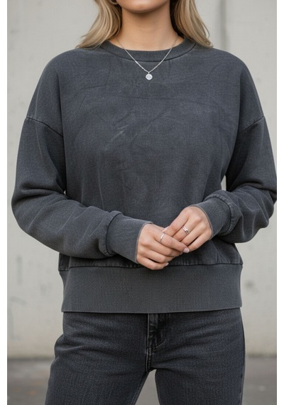 Kadın Füme Bisiklet Yaka Taş Yıkama Pamuklu Rahat Kesim Sweatshirt - Kadın Sweatshirt Antrasit