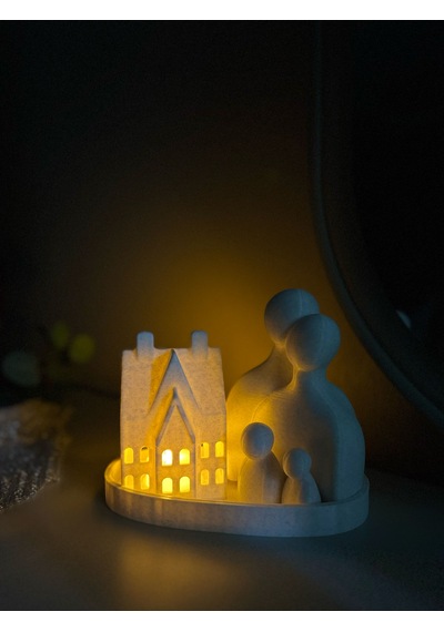 Aile Figürlü Ev Mumluk Seti Mermer Beyaz Dekoratif Tealight Gece Lambası 20 Cm Mermer Desenli