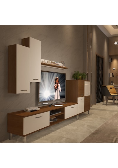 Decoraktiv Eko 6 Mdf Dvd Krom Ayaklı Tv Ünitesi Tv Sehpası Ceviz - Beyaz