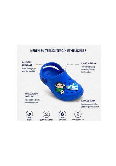 Rony Pony Kids Erkek Çocuk Mavi Figürlü Delikli Arka Bantlı Sandalet Terlik